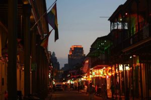 a dusk shot of bourbon street in new orleans