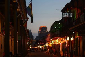 a dusk shot of bourbon street in new orleans