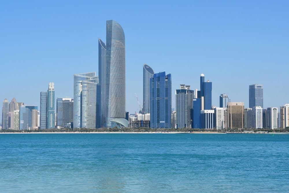 Abu Dhabi's skyline with skyscrapers from the Persic Gulf.