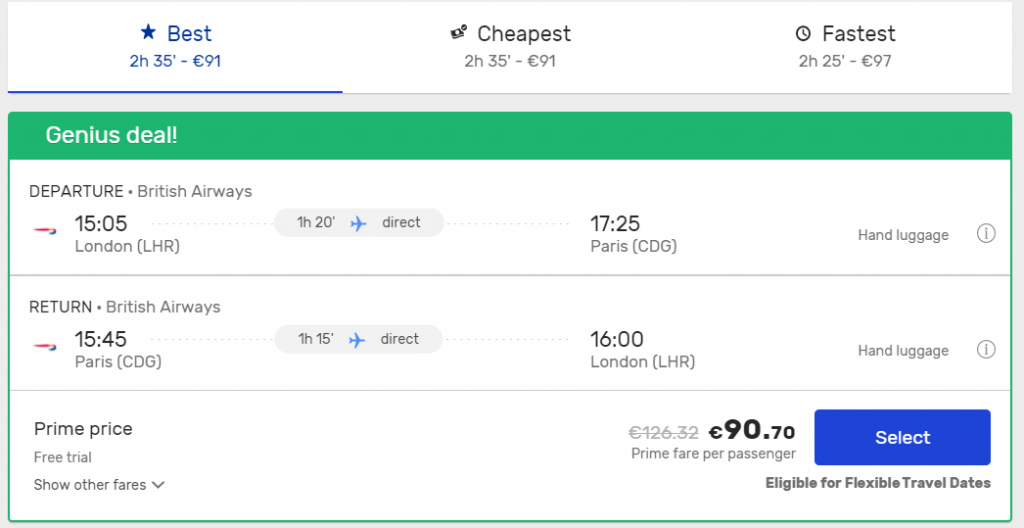 flight search on eDreams with Prime price