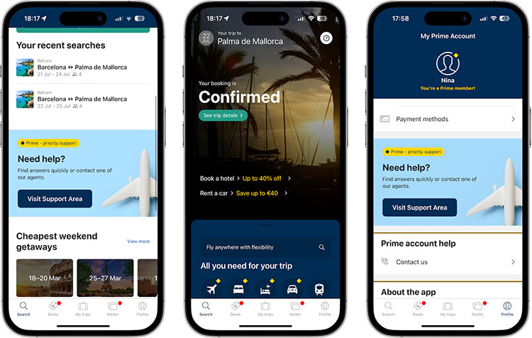 How to access the Support Area in the App eDreams