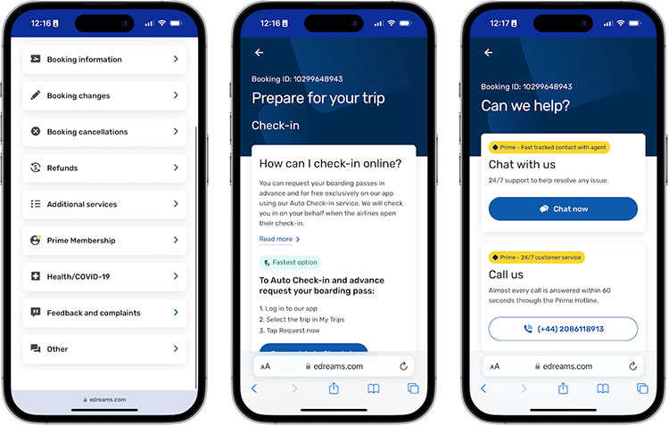 How to access the Support Area in the App eDreams